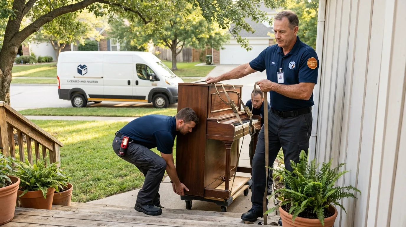 Licensed piano movers securing grand piano in Redby, MN