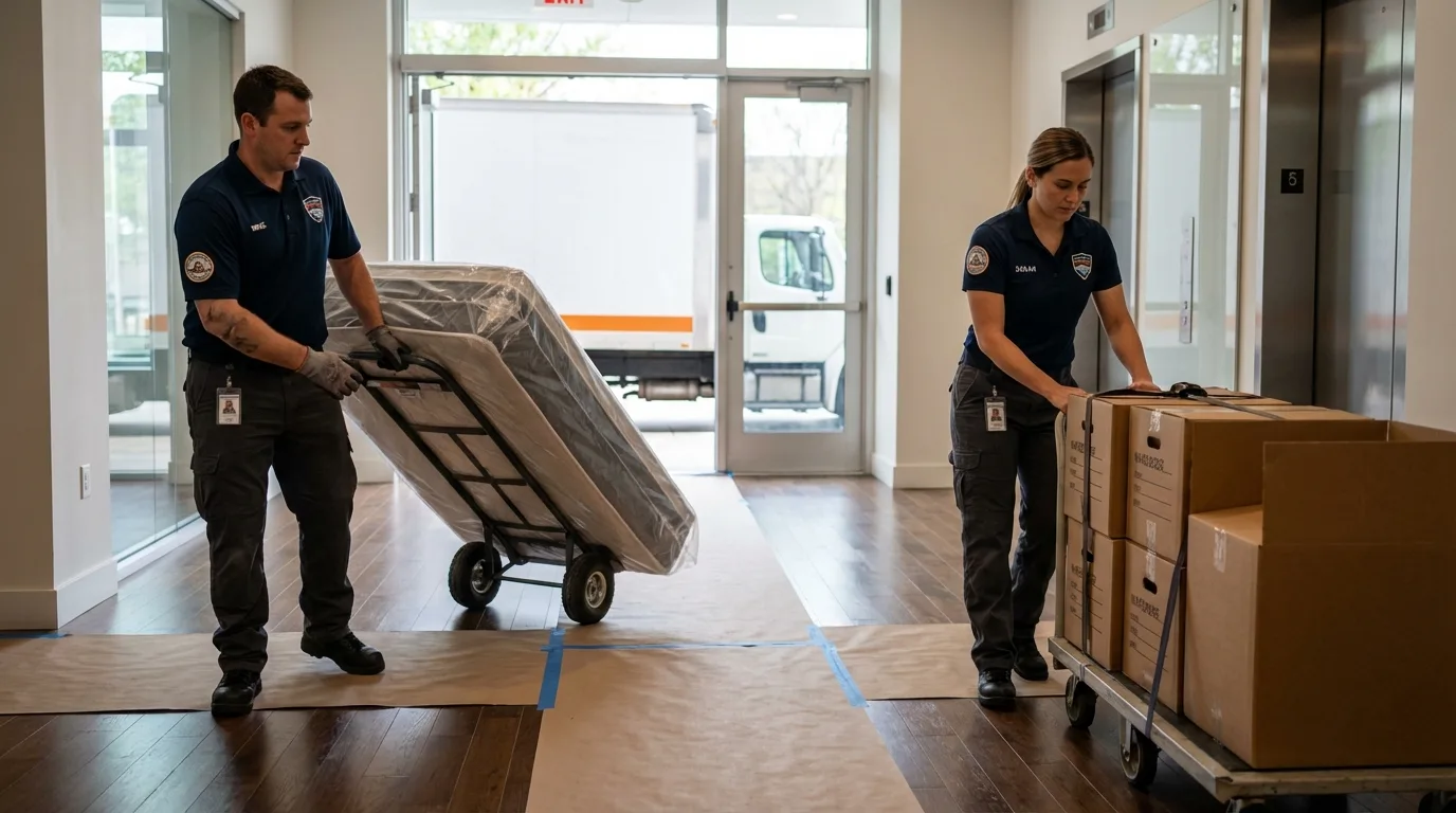 Professional apartment movers loading elevator in Redby, MN