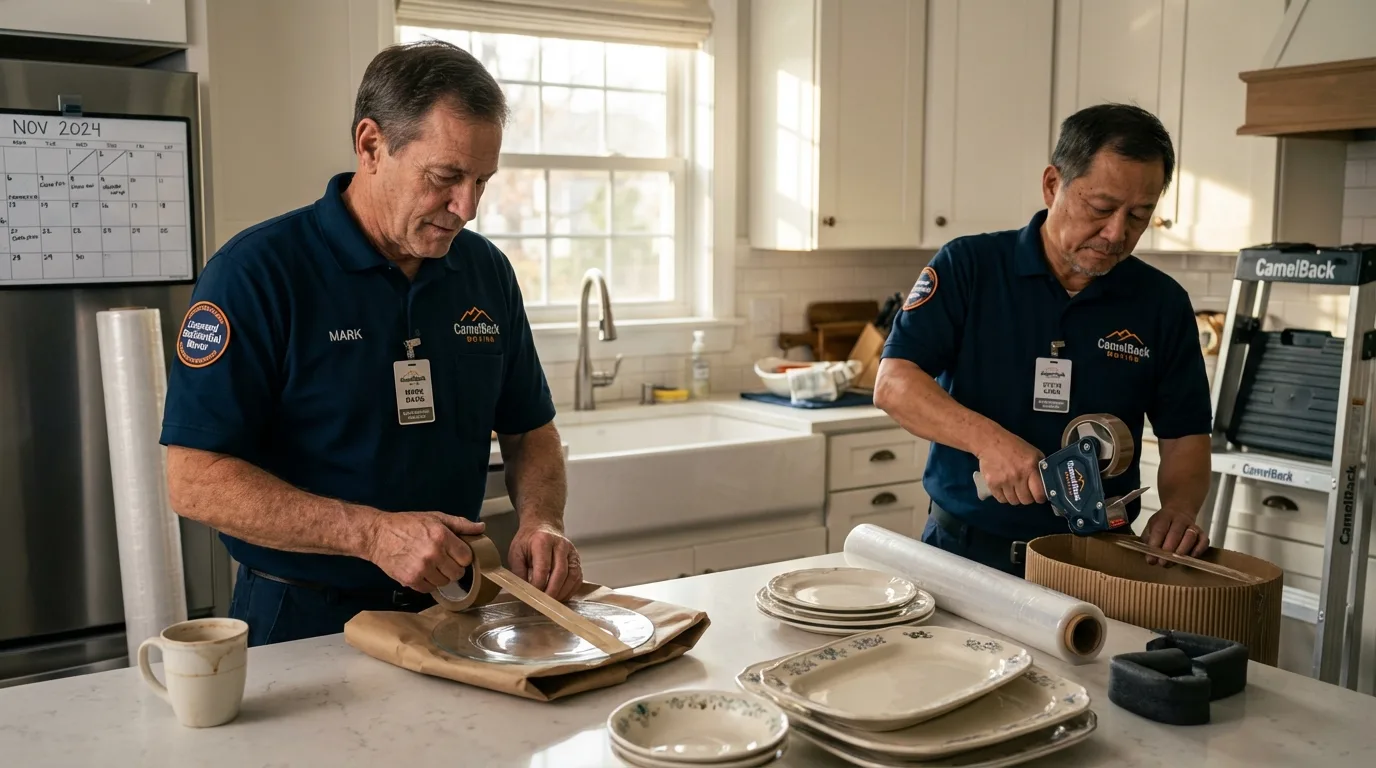 Professional crew packing kitchen dishware in Redby, MN